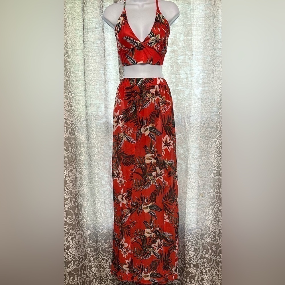 TROPICAL Two Piece Skirt Set Red Size Large Palm Print Lillies Summer - Picture 2 of 16